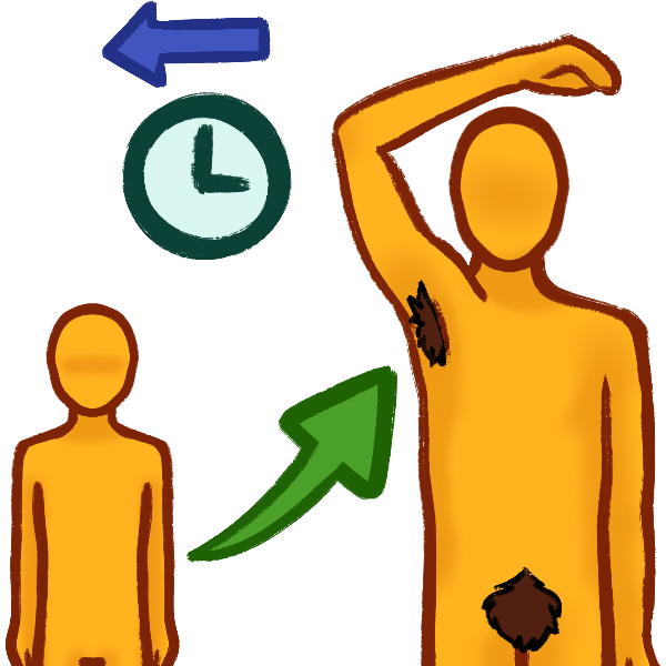 a small featureless person with a green arrow pointing from them up to an adult person lifting one arm above their head, the adult has brown axillary and pubic hair. Above them both is a clock with a blue arrow above it pointing to the left to convey earliness